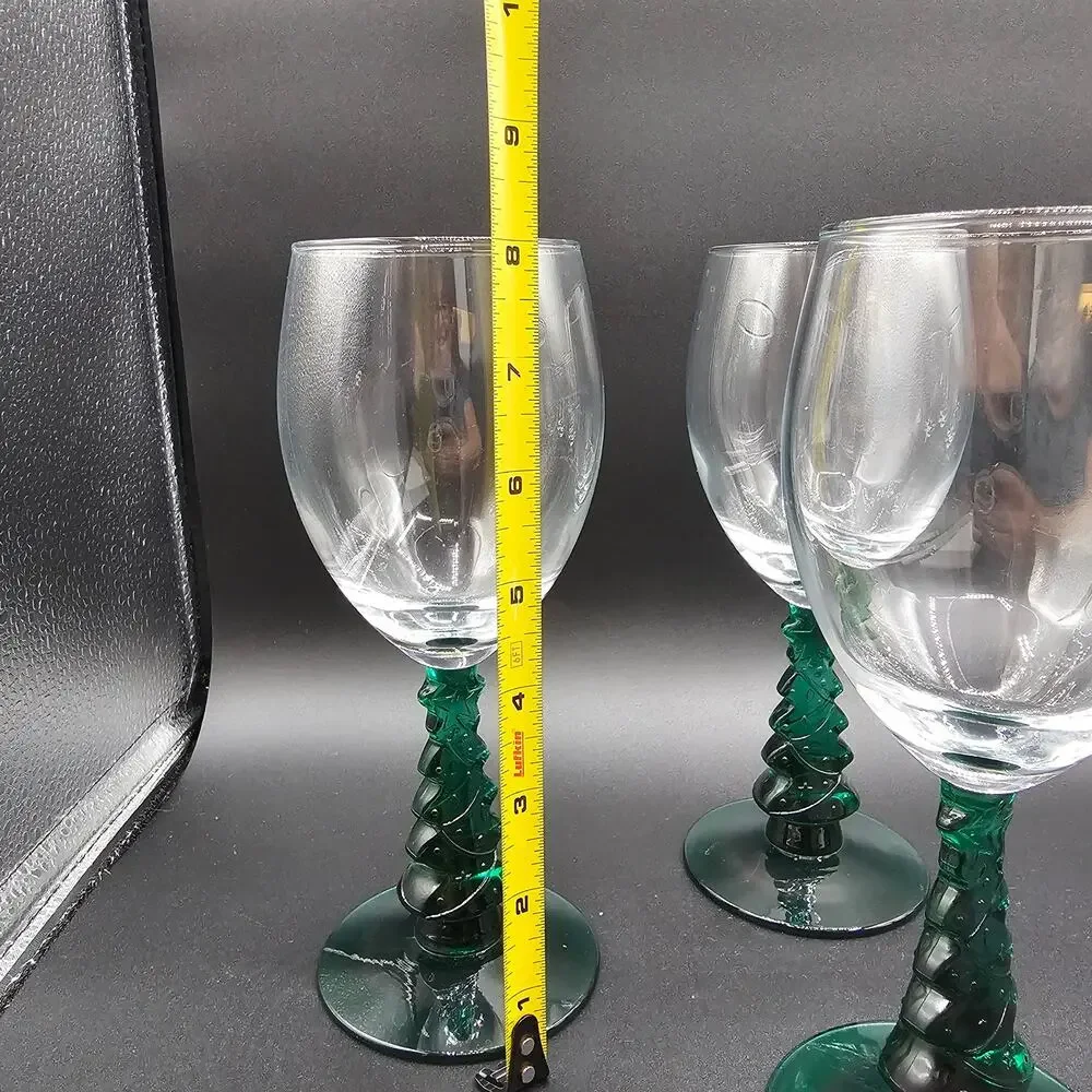 Libbey Green Christmas Tree Stem Wine Glasses Vintage Holiday Set